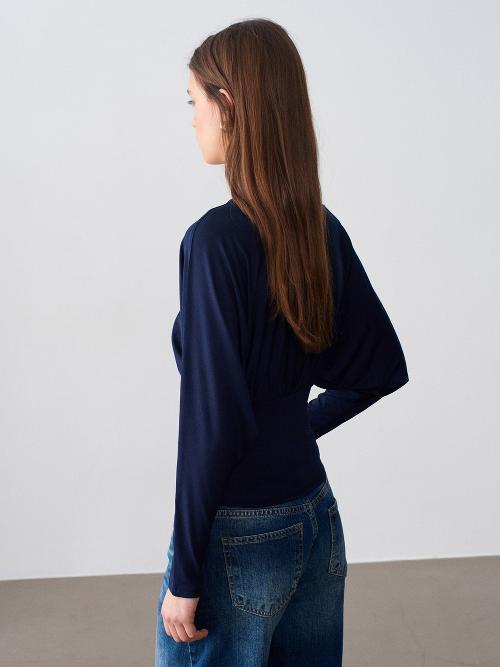 Wholesale Womens Dark Navy V-Neck Batwing Top with Underbust Gathering