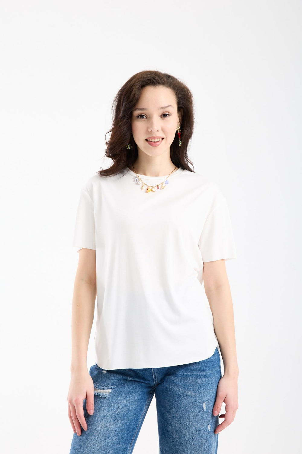 Wholesale Womens Ecru Basic T-Shirt with Side Slits