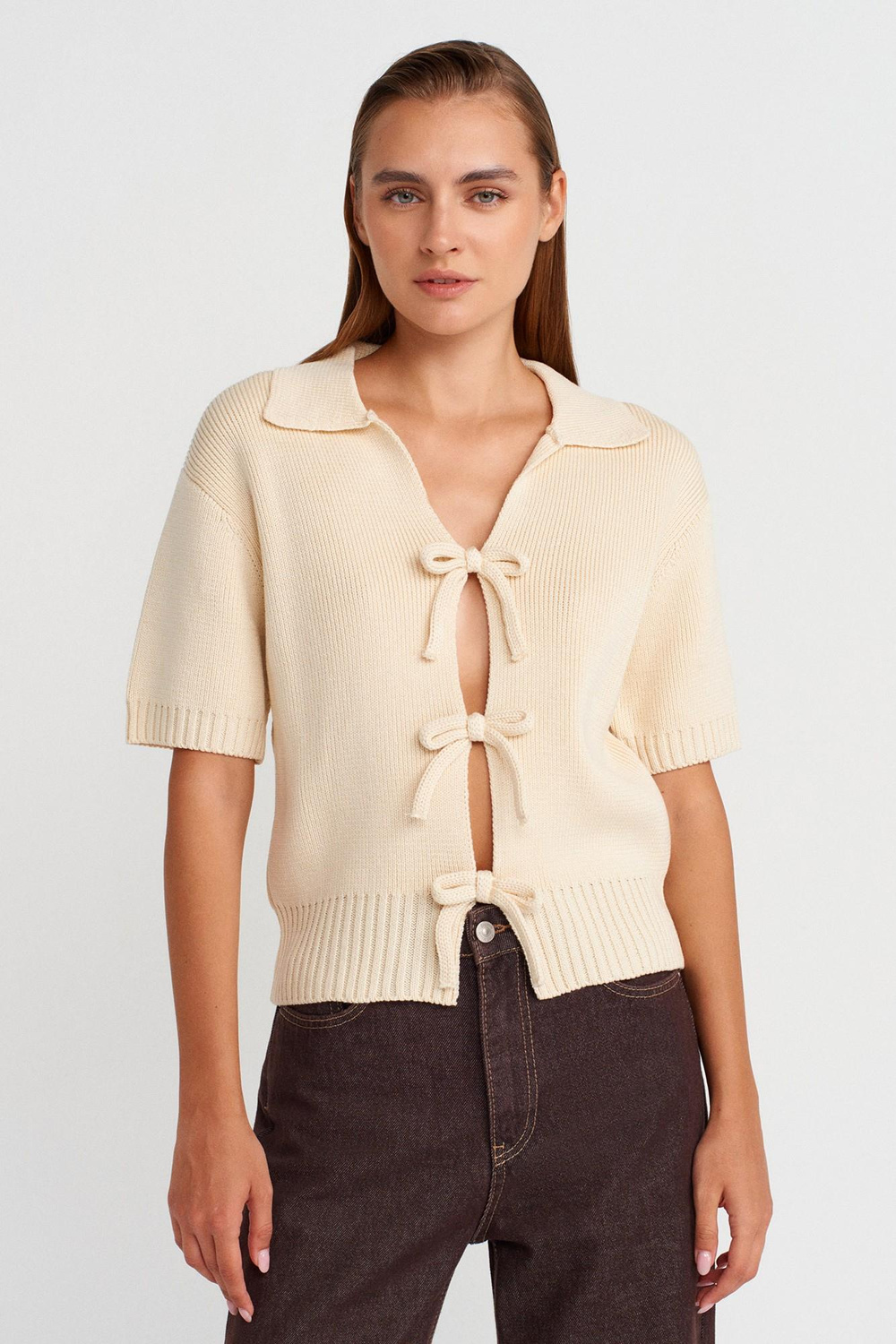 Wholesale Womens Ecru Bow-Tie Knit Cardigan