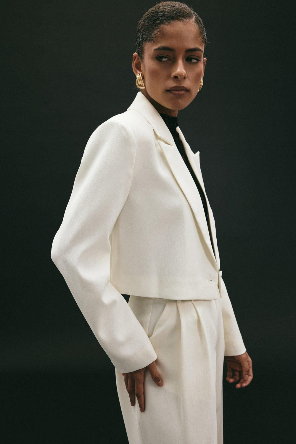 Wholesale Womens Ecru Cropped Blazer with Notched Collar