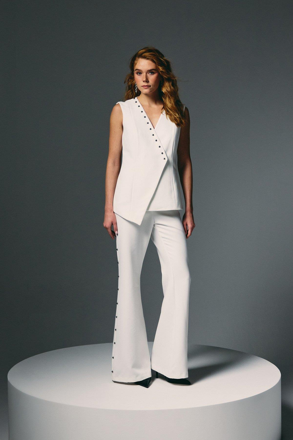 Wholesale Womens Ecru Flared Trousers with Pearl Embellishment on the Sides