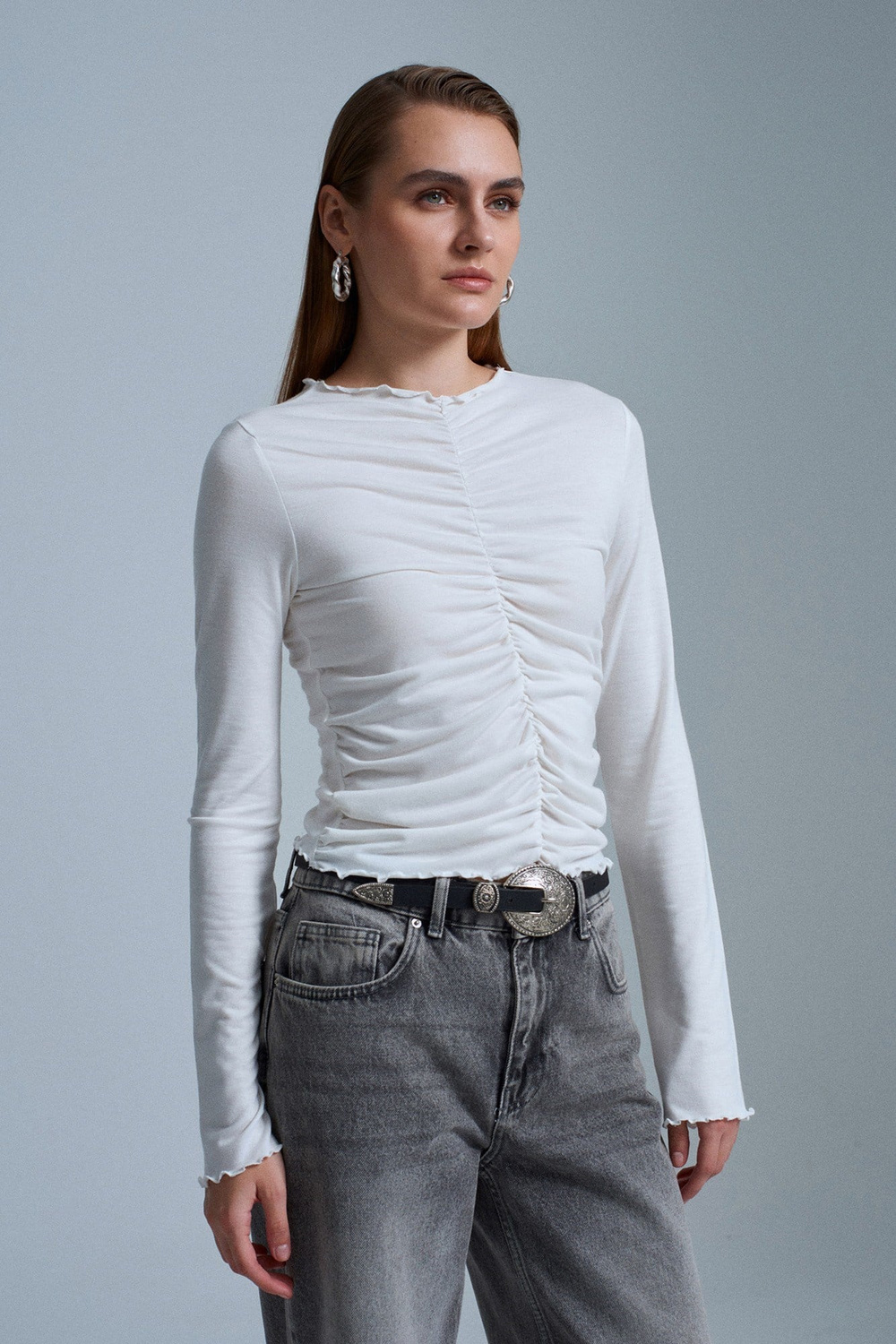 Wholesale Womens Ecru Gathered Long-Sleeve Top