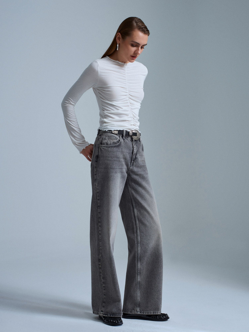 Wholesale Womens Ecru Gathered Long-Sleeve Top