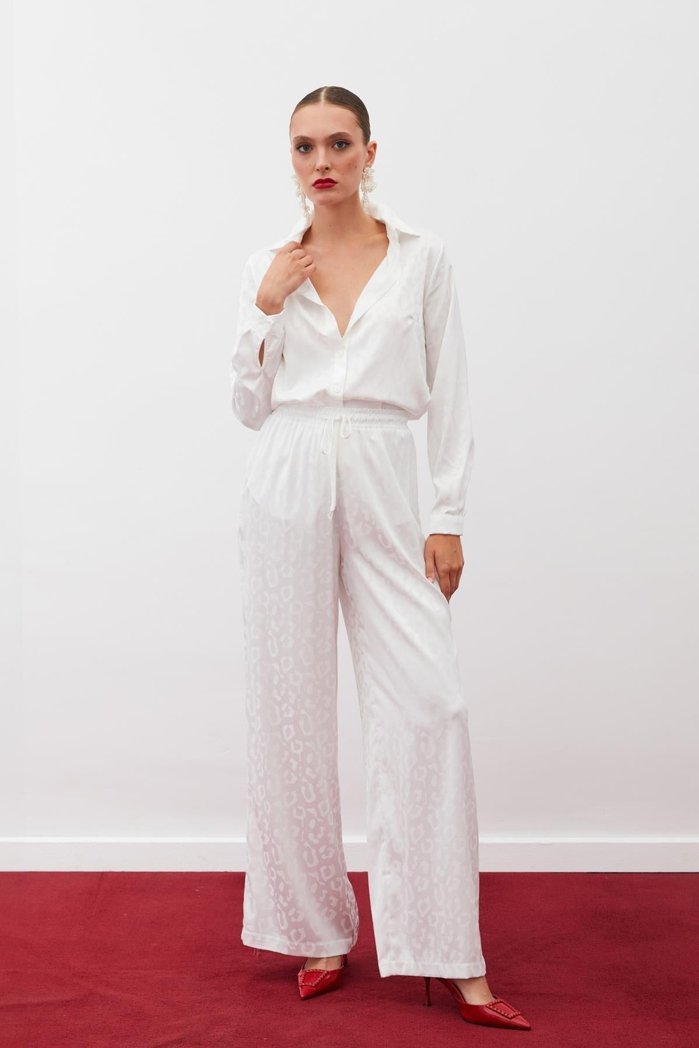 Wholesale Womens Ecru Patterned Trousers with Elastic Waist