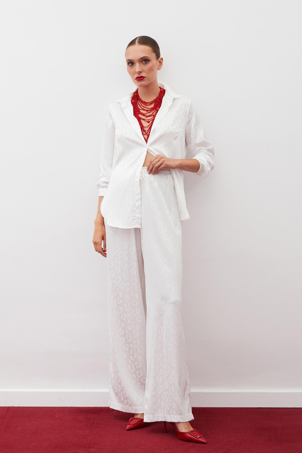 Wholesale Womens Ecru Patterned Trousers with Elastic Waist