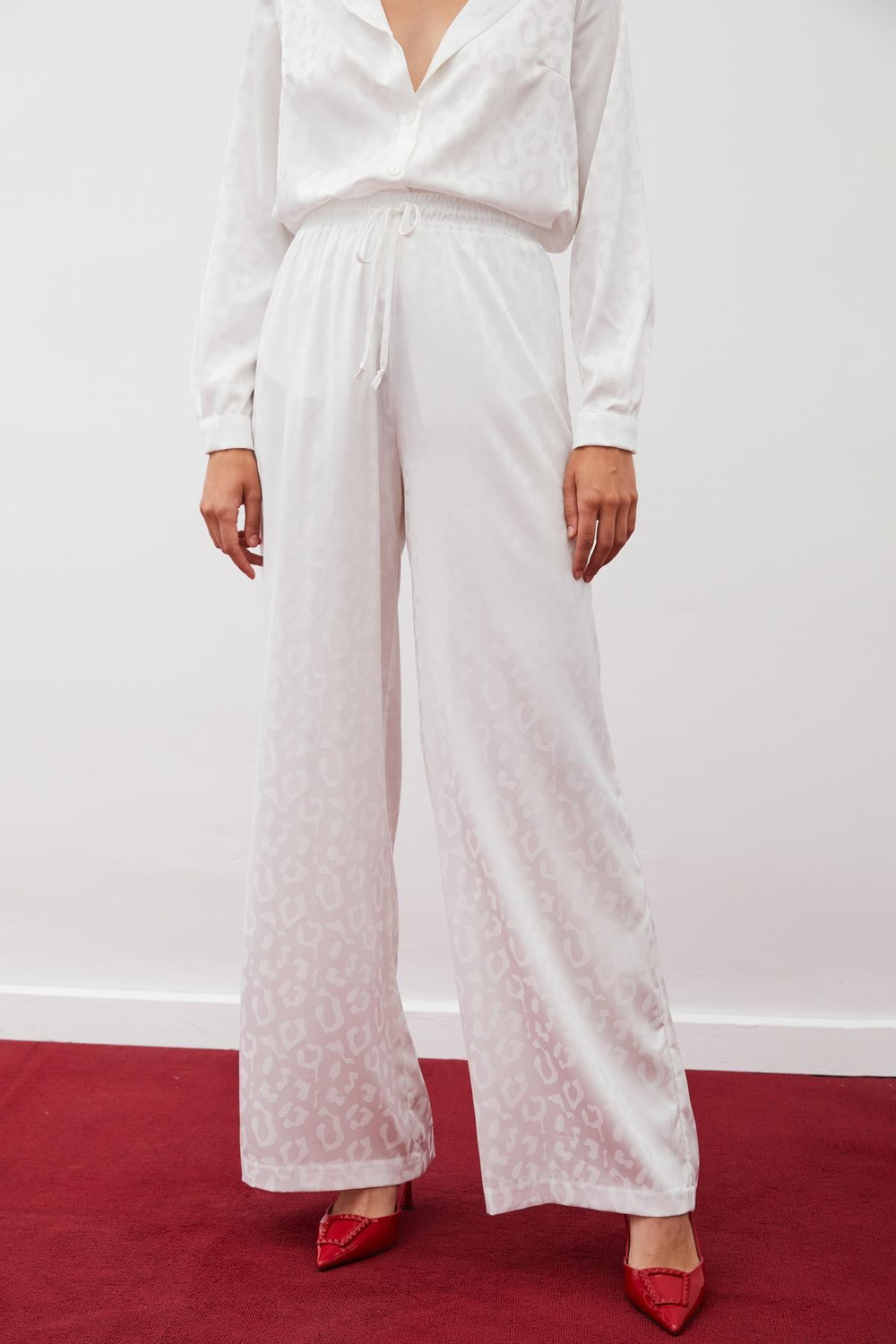 Wholesale Womens Ecru Patterned Trousers with Elastic Waist