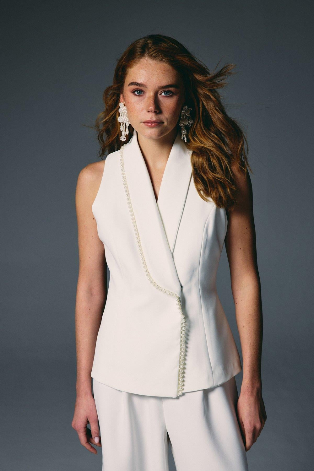 Wholesale Womens Ecru Pearl-Embellished Wrap Waistcoat