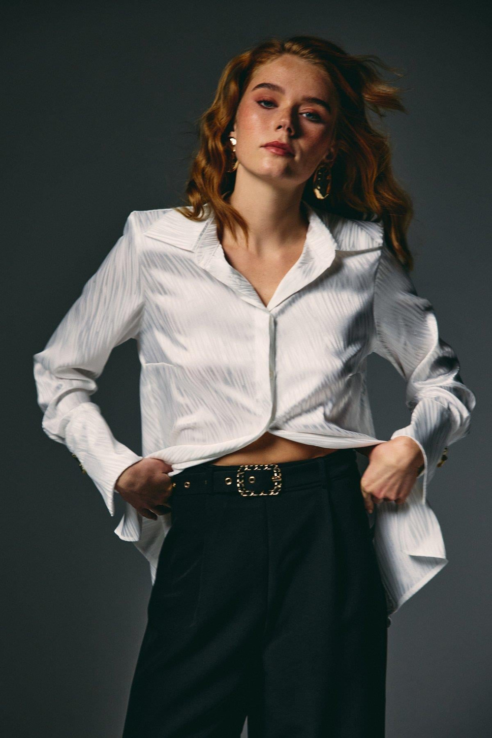 Wholesale Womens Ecru Satin Jacquard Shirt with Wide Buttoned Cuffs