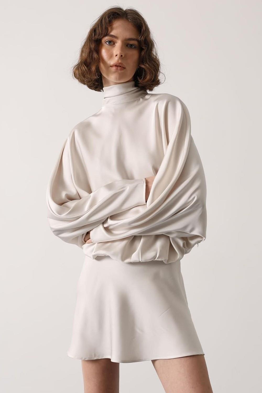 Wholesale Womens Ecru Satin Mini Dress with Tie-Neck