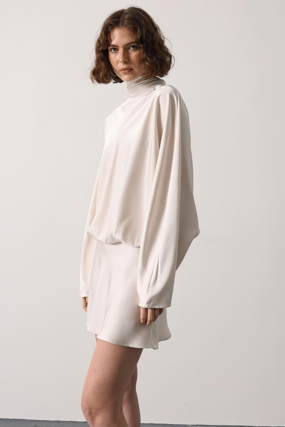 Wholesale Womens Ecru Satin Mini Dress with Tie-Neck