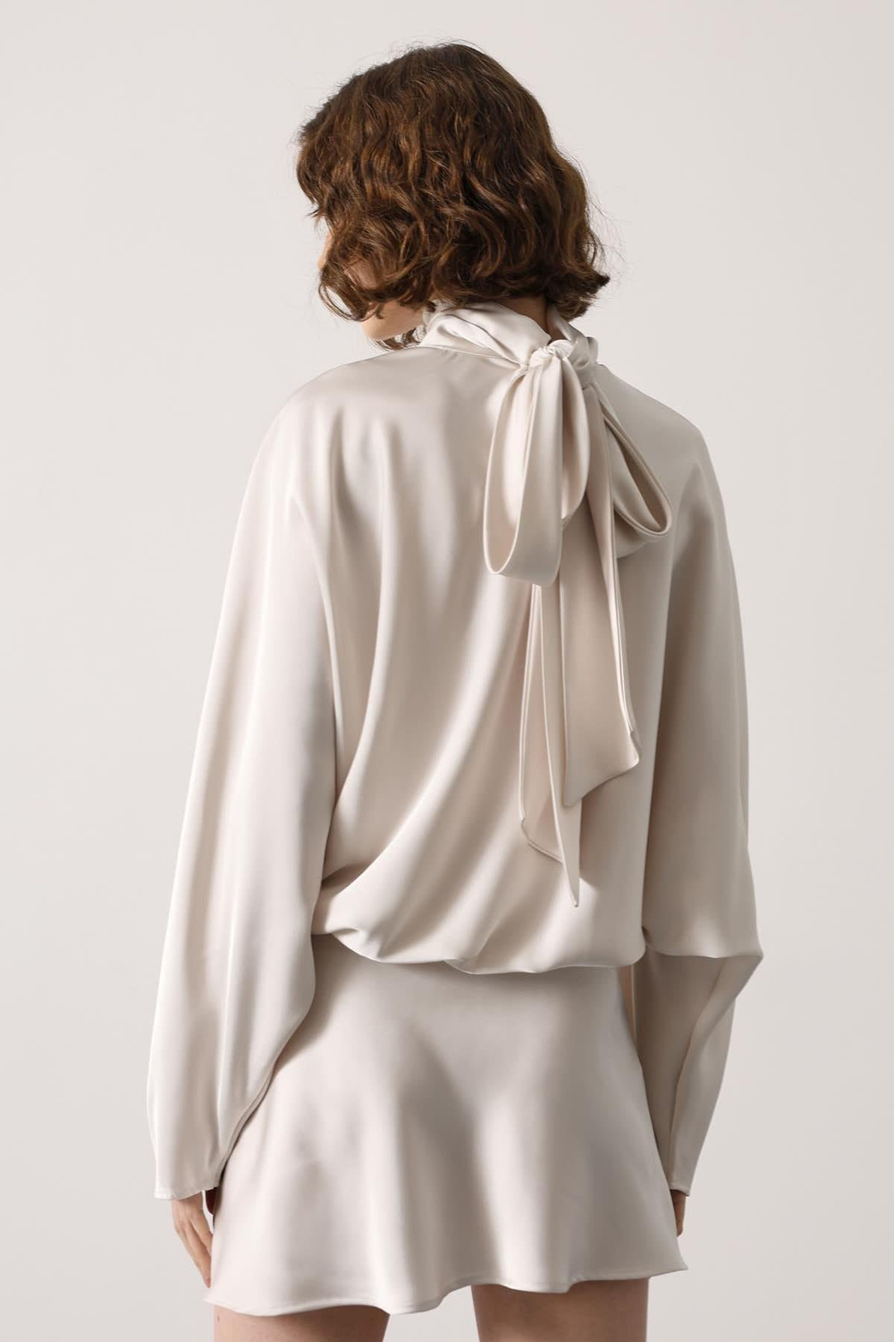 Wholesale Womens Ecru Satin Mini Dress with Tie-Neck