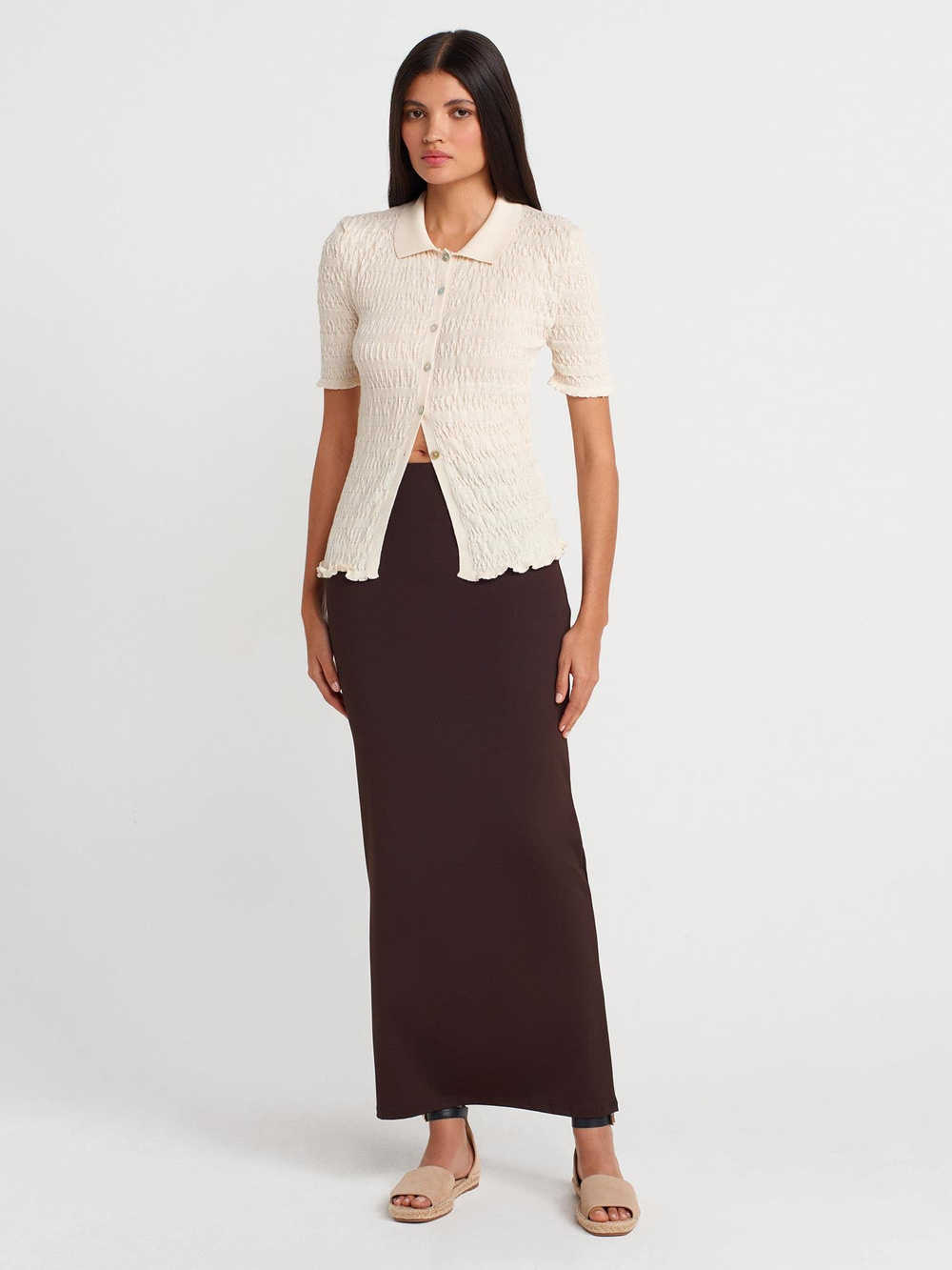 Wholesale Womens Ecru Short-Sleeve Button-Up Textured Fine Knit Cardigan