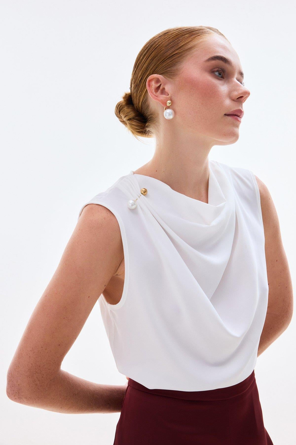 Wholesale Womens Ecru Sleeveless Blouse with Pearl Embellishment