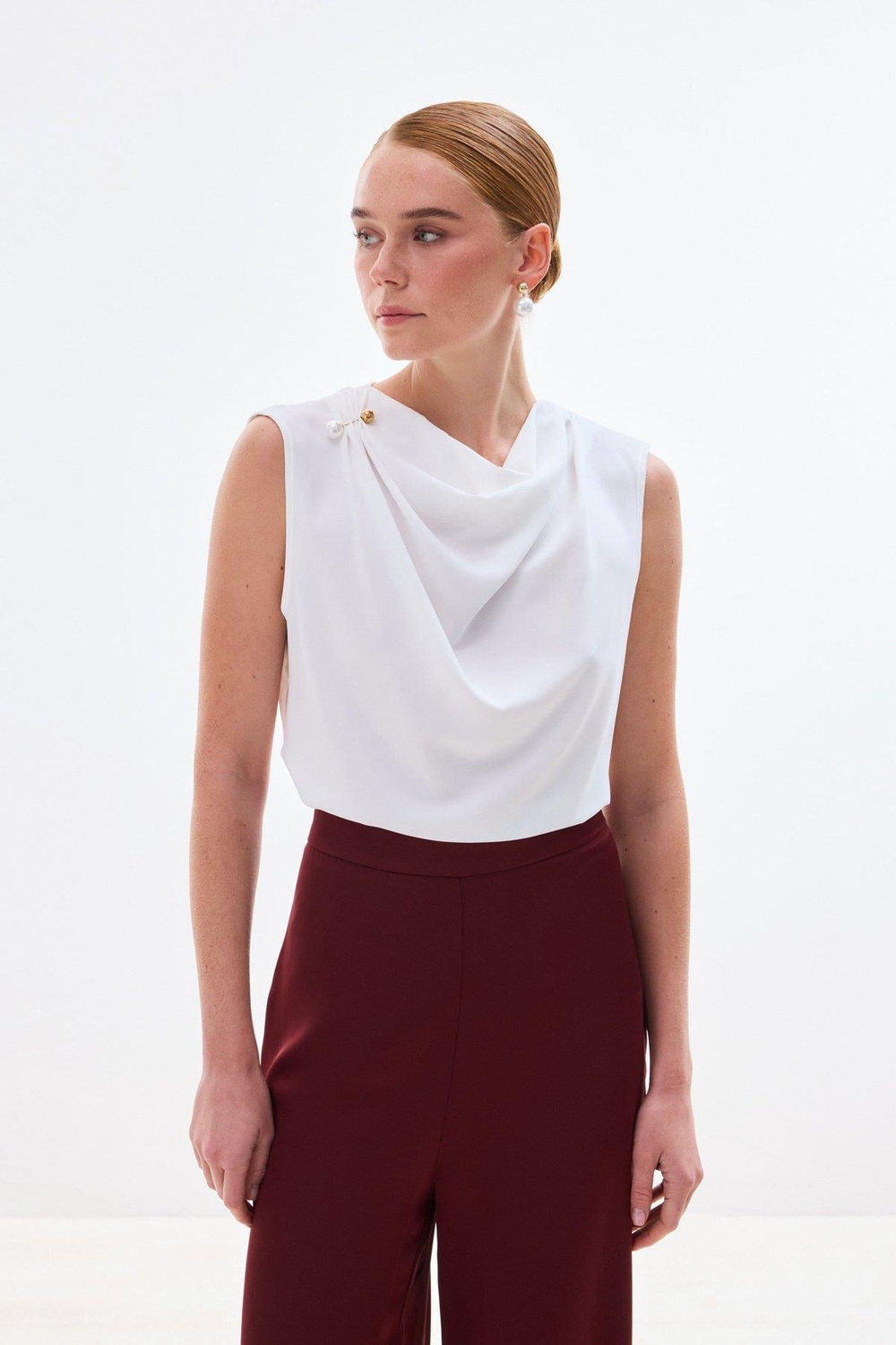 Wholesale Womens Ecru Sleeveless Blouse with Pearl Embellishment