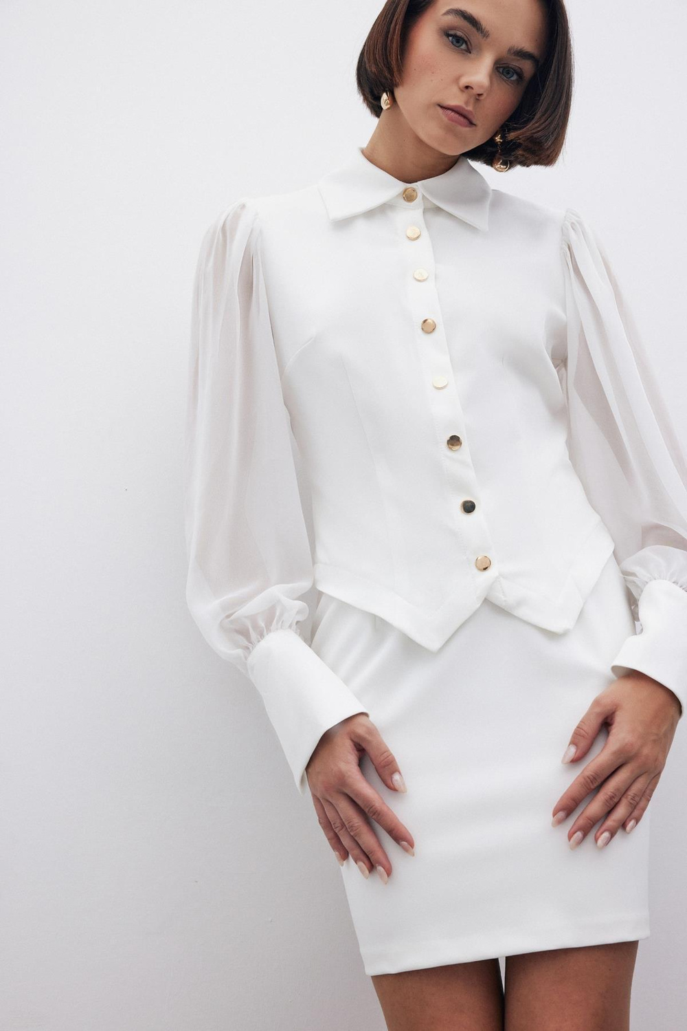 Wholesale Womens Ecru Snap-Up Shirt with Chiffon Bishop Sleeves
