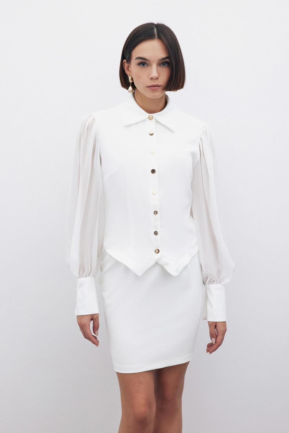 Wholesale Womens Ecru Snap-Up Shirt with Chiffon Bishop Sleeves