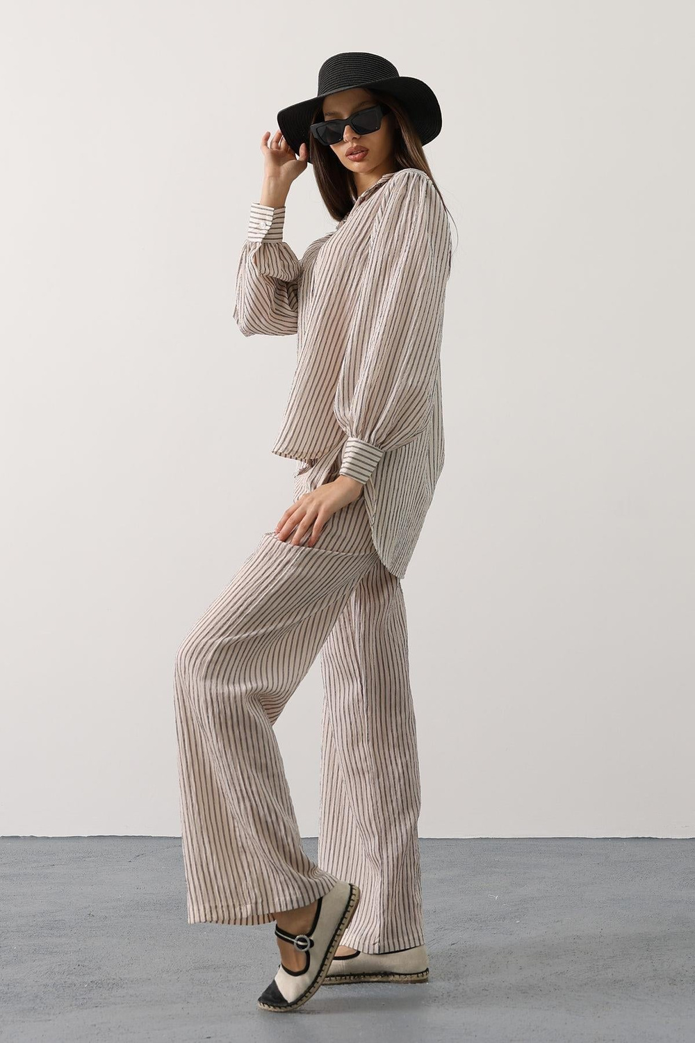 Wholesale Womens Ecru Striped Two-Piece Set – Shirt and Pants