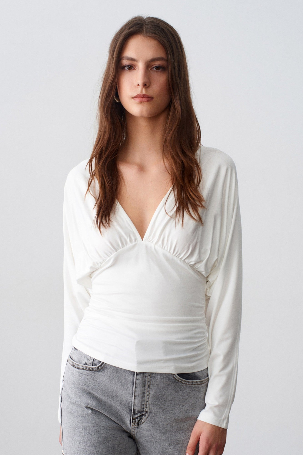 Wholesale Womens Ecru V-Neck Batwing Top with Underbust Gathering