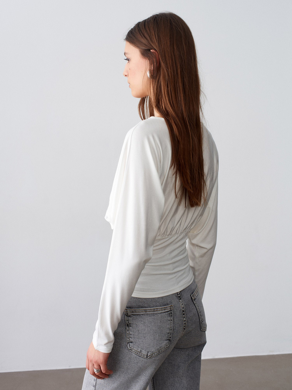 Wholesale Womens Ecru V-Neck Batwing Top with Underbust Gathering