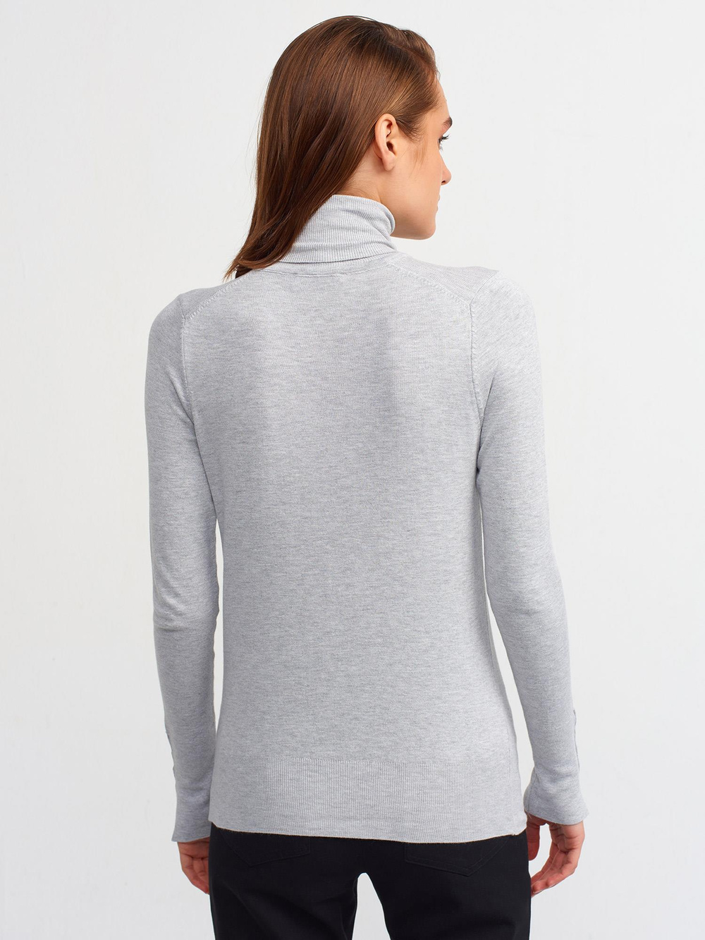 Wholesale Womens Gray Melange Turtleneck Knit Sweater with Snap-Button Wide Cuffs