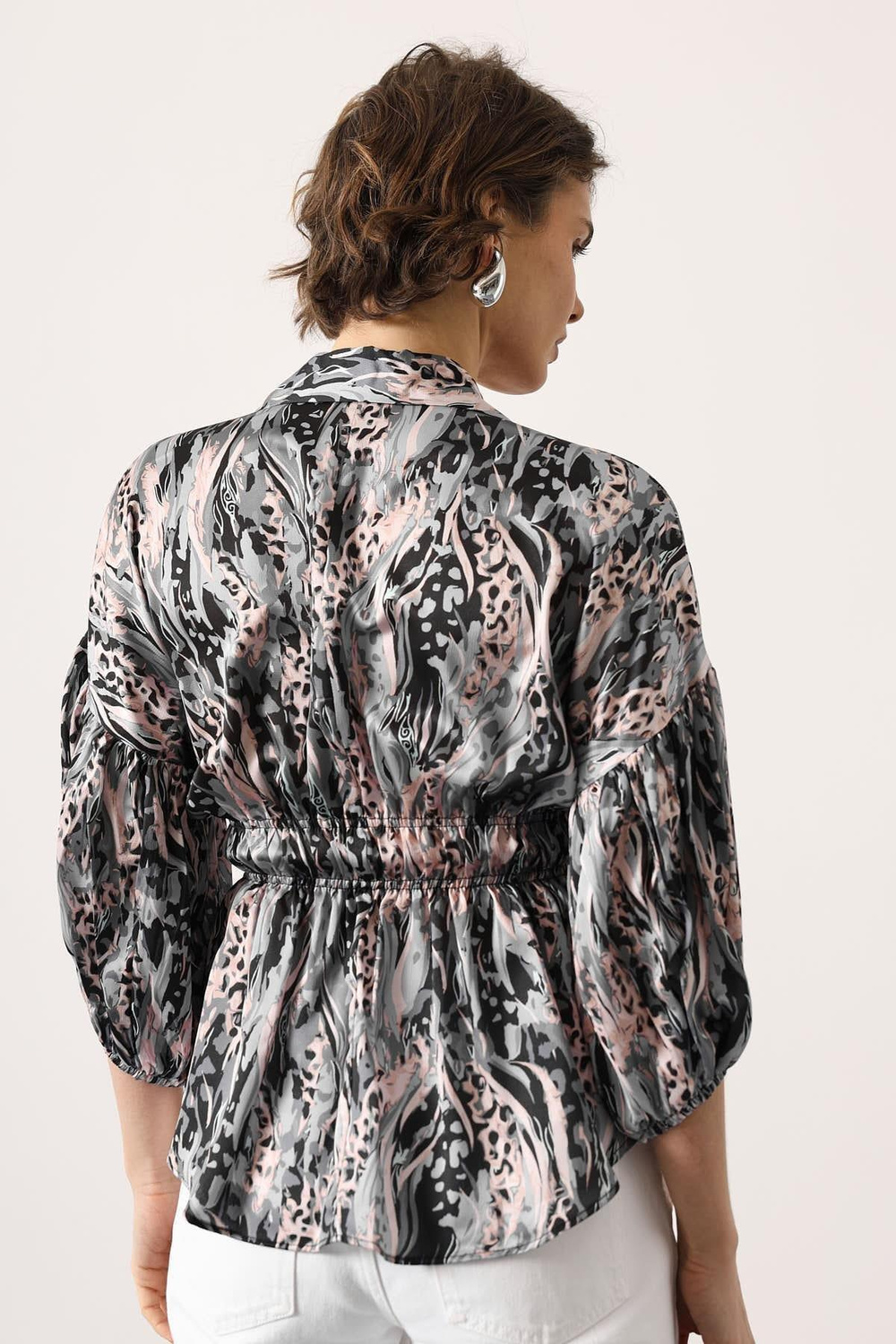 Wholesale Womens Gray Satin Shirt with Gathered Elastic Waist and Half Placket