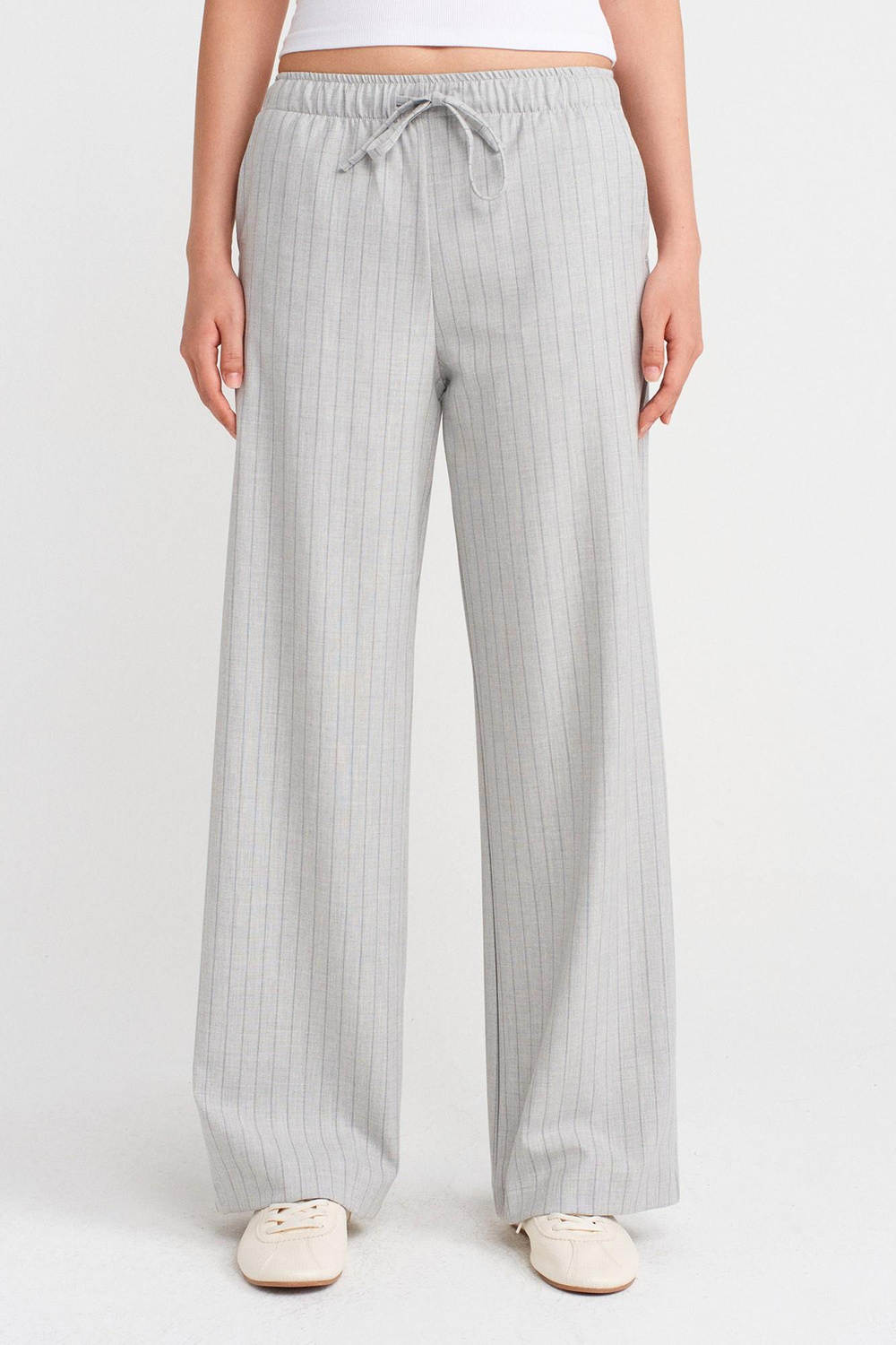 Wholesale Womens Gray Striped Trousers with Elastic Waist