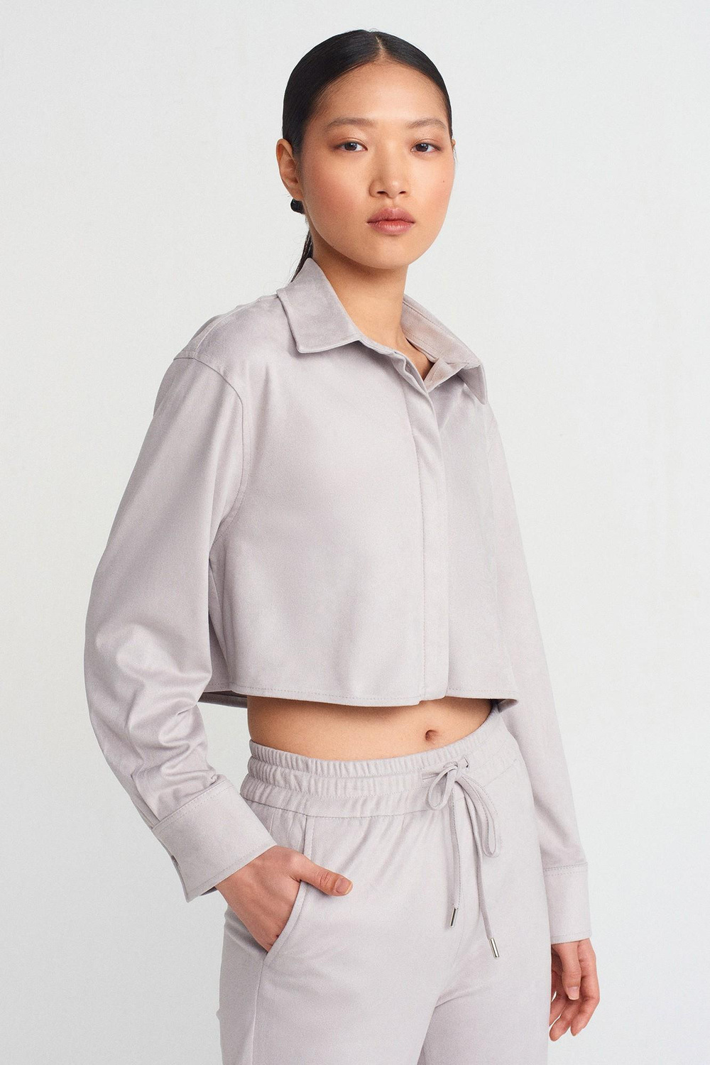 Wholesale Womens Gray Suede Crop Shirt