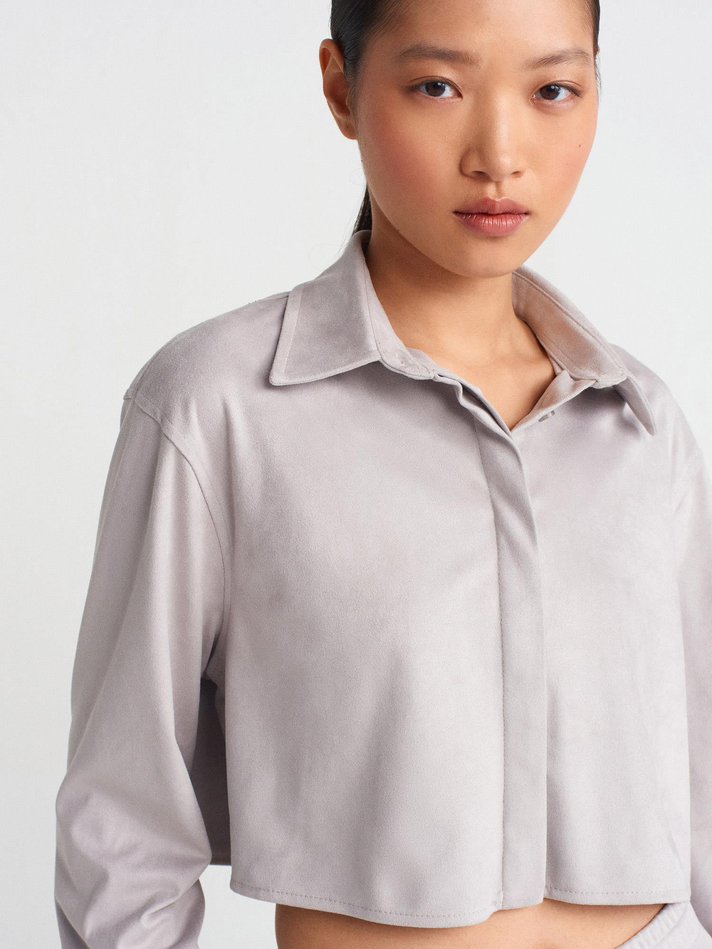 Wholesale Womens Gray Suede Crop Shirt