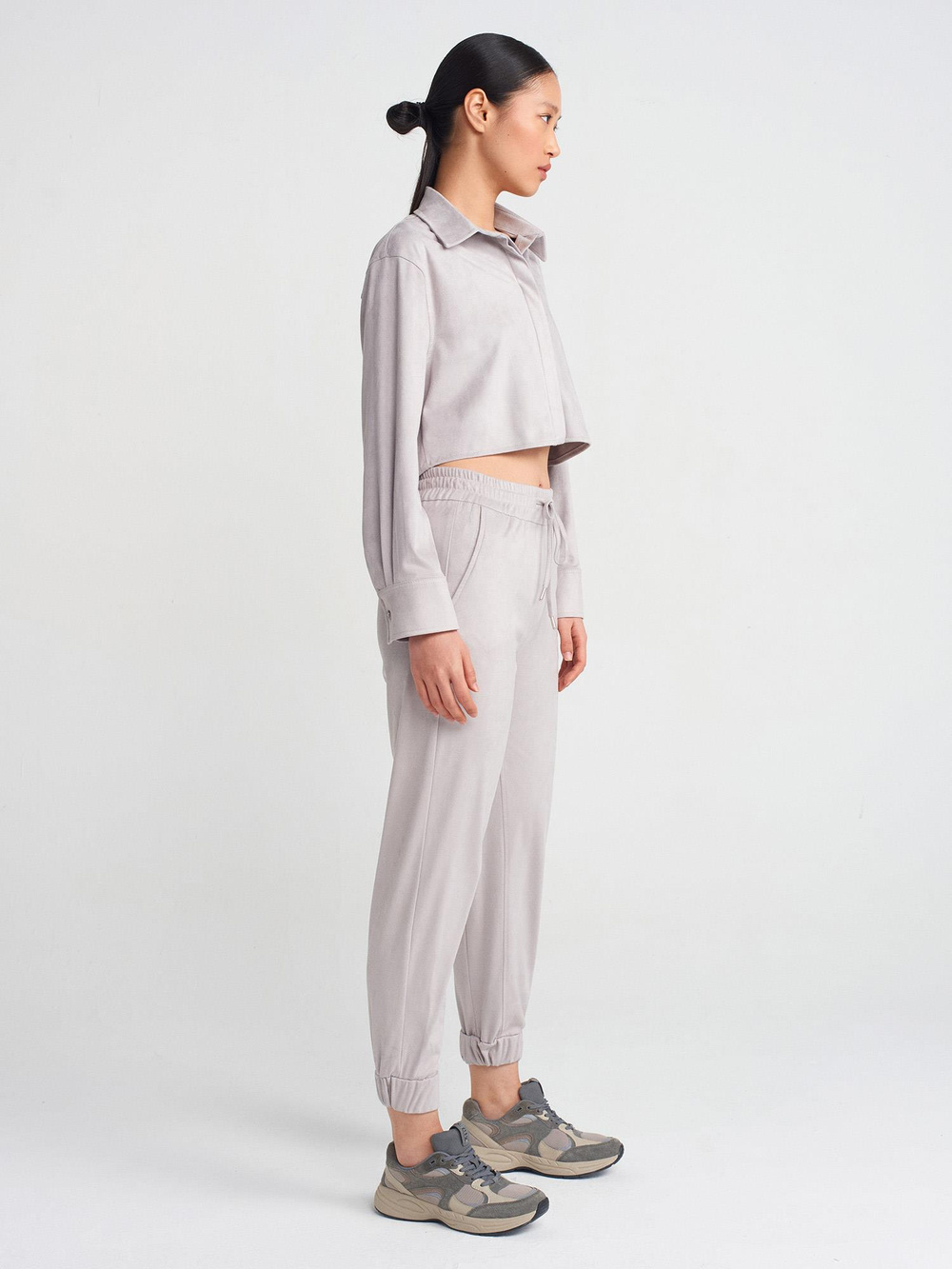 Wholesale Womens Gray Suede Crop Shirt