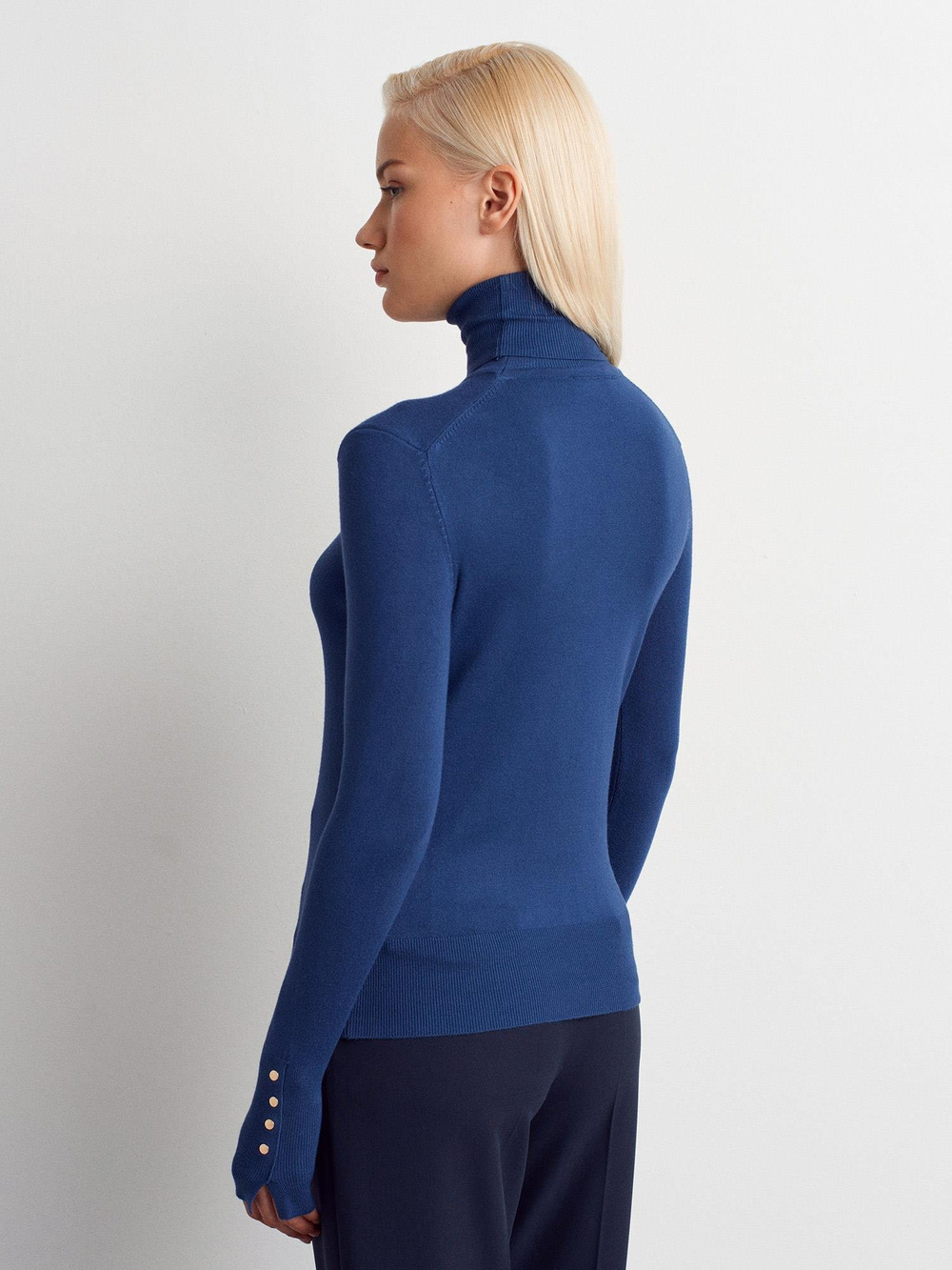 Wholesale Womens Indigo Turtleneck Knit Sweater with Snap-Button Wide Cuffs