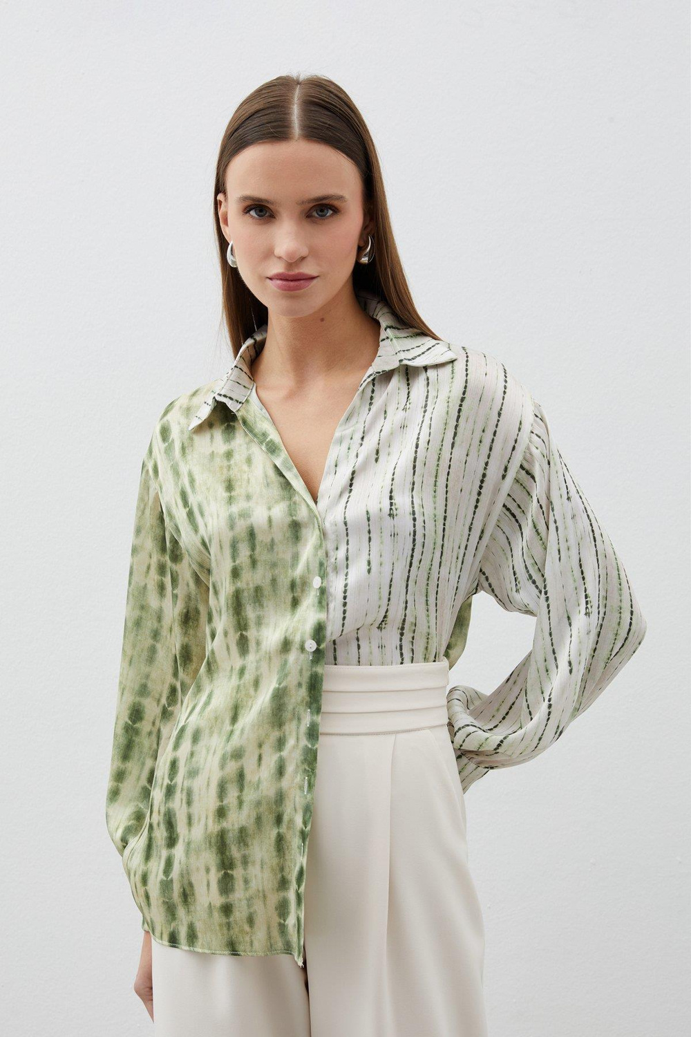 Wholesale Womens Khaki Balloon-Sleeve Patterned Shirt