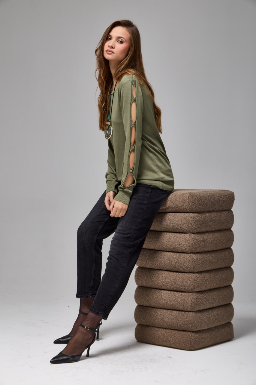 Wholesale Womens Khaki Buttoned Cut-Out Sleeve Knit Sweater