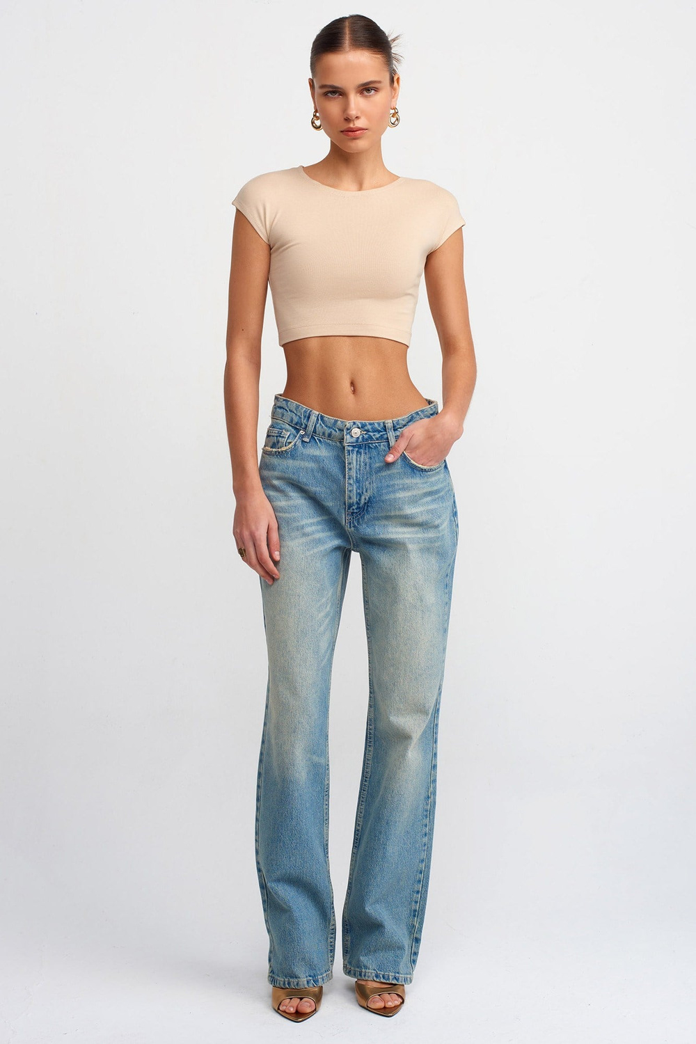 Wholesale Womens Light Beige Modal-Cotton Cropped T-Shirt