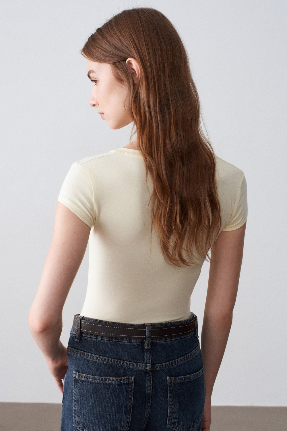 Wholesale Womens Light Yellow Supima Cotton V-Neck Tee