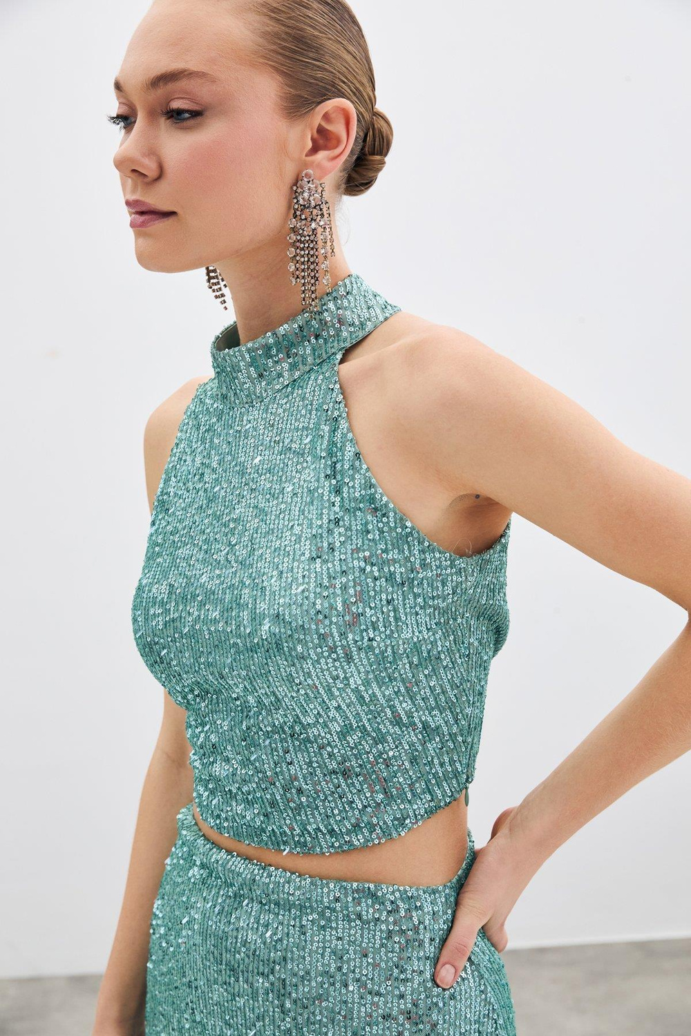 Wholesale Womens Mint Sleeveless Mock-Neck Sequined Blouse