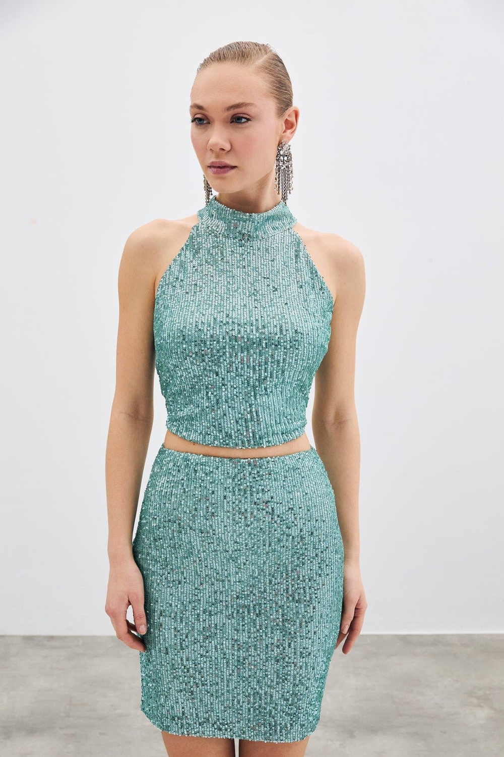 Wholesale Womens Mint Sleeveless Mock-Neck Sequined Blouse