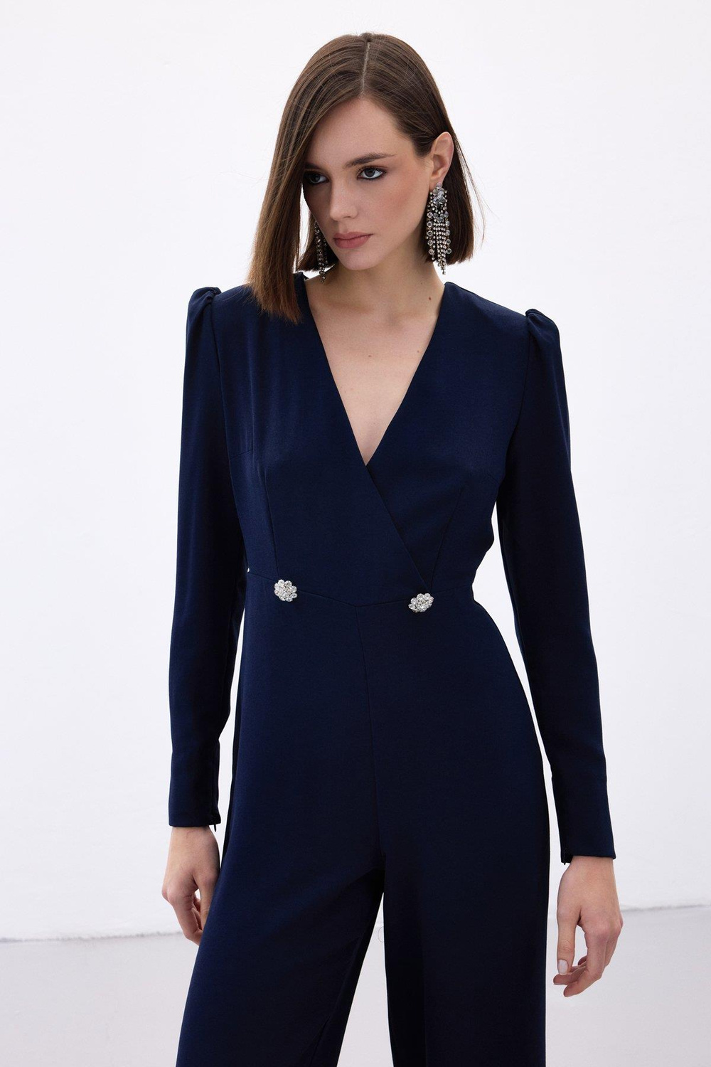 Wholesale Womens Navy Crepe Jumpsuit with Rhinestone Accessories