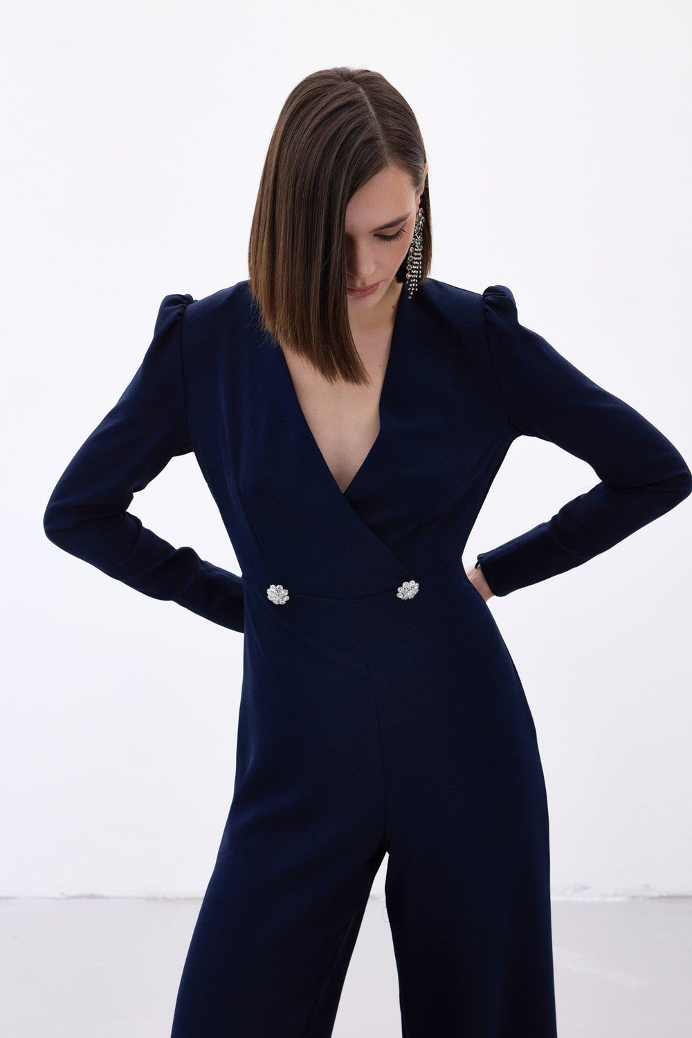 Wholesale Womens Navy Crepe Jumpsuit with Rhinestone Accessories
