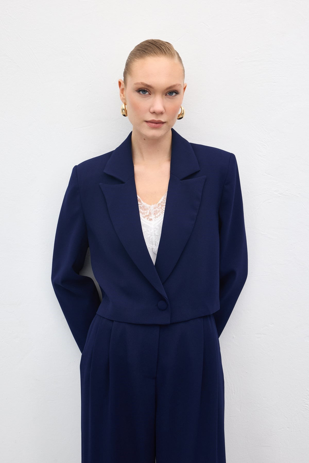 Wholesale Womens Navy Cropped Blazer with Notched Collar