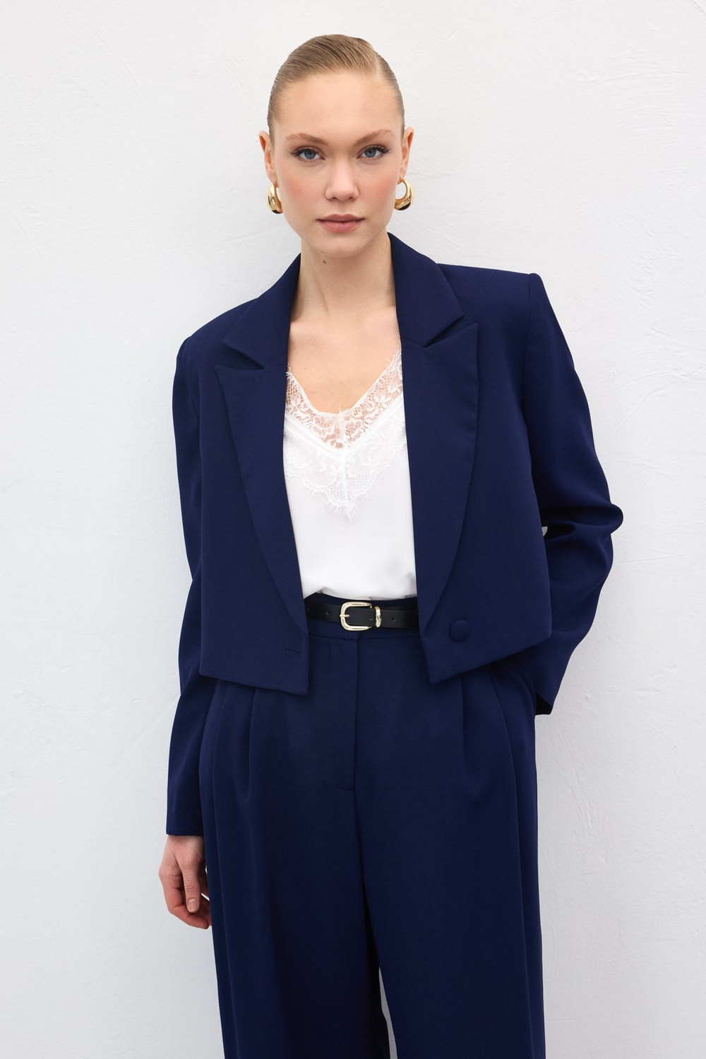 Wholesale Womens Navy Cropped Blazer with Notched Collar