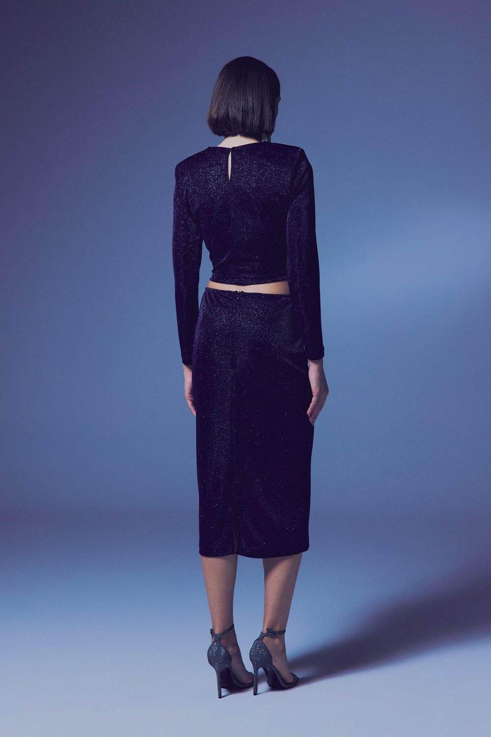 Wholesale Womens Navy Lurex Midi Pencil Skirt