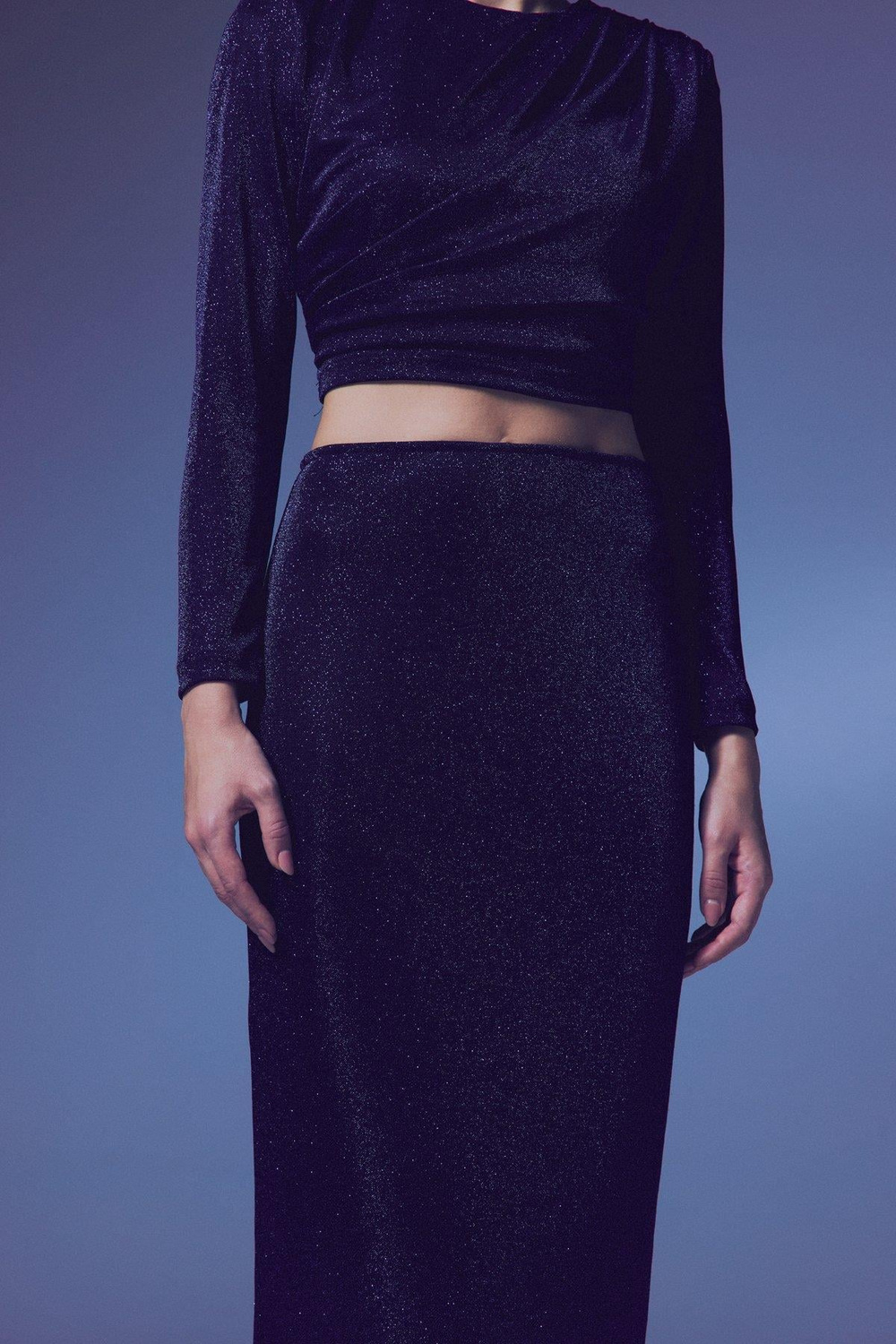 Wholesale Womens Navy Lurex Midi Pencil Skirt