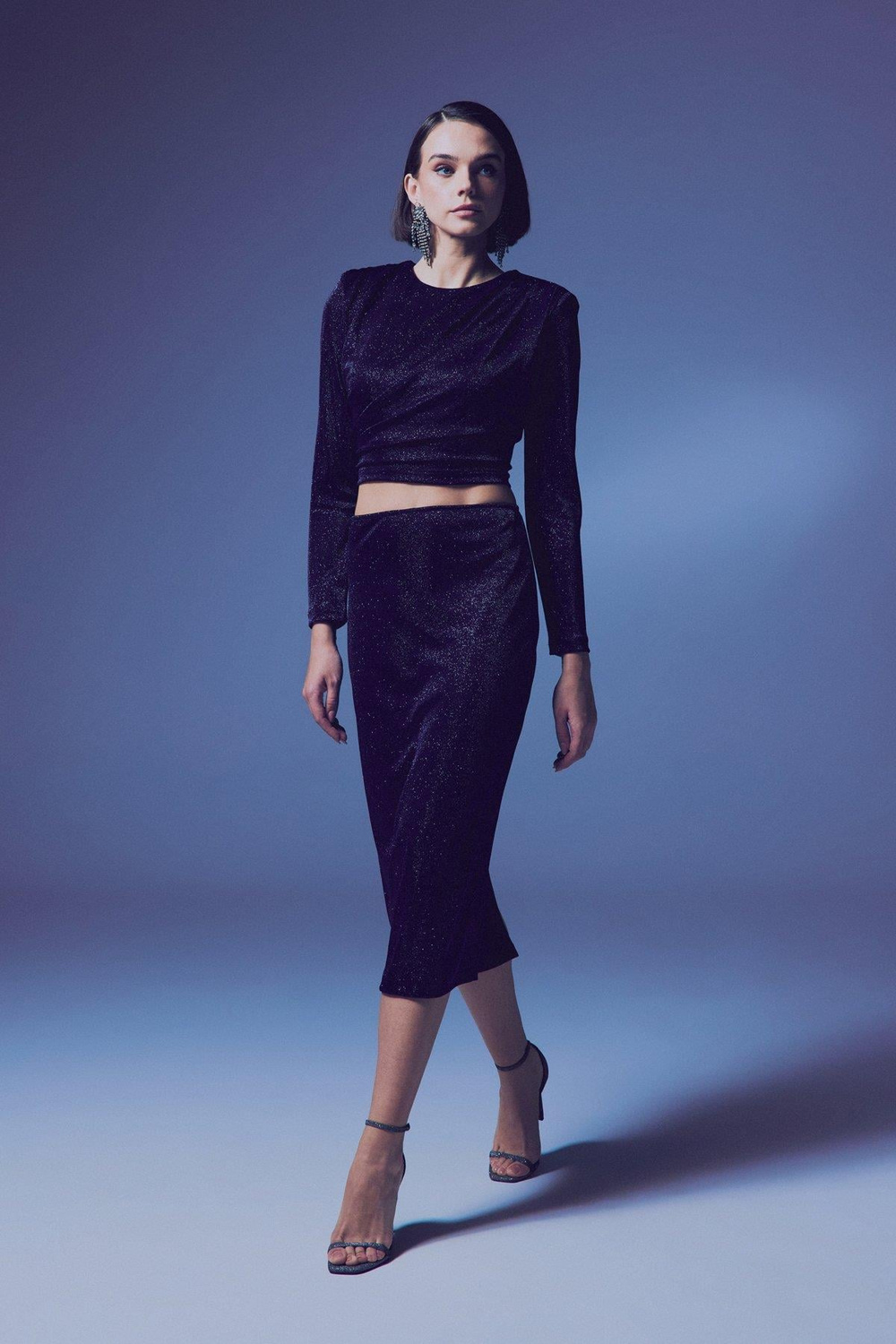 Wholesale Womens Navy Lurex Midi Pencil Skirt