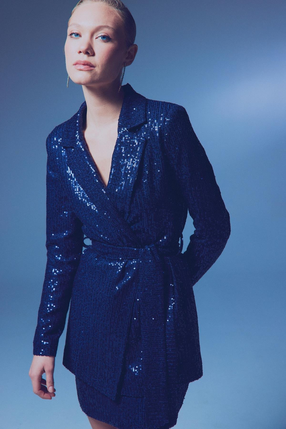 Wholesale Womens Navy Sequined Jacket with Sash
