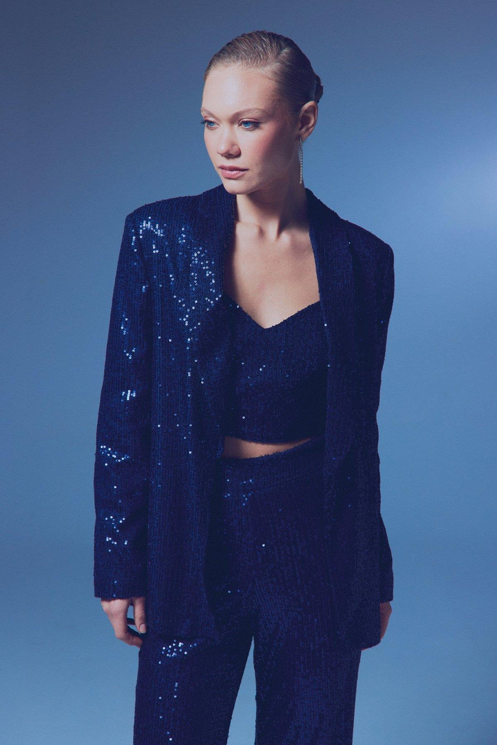 Wholesale Womens Navy Sequined Loose-Fit Blazer