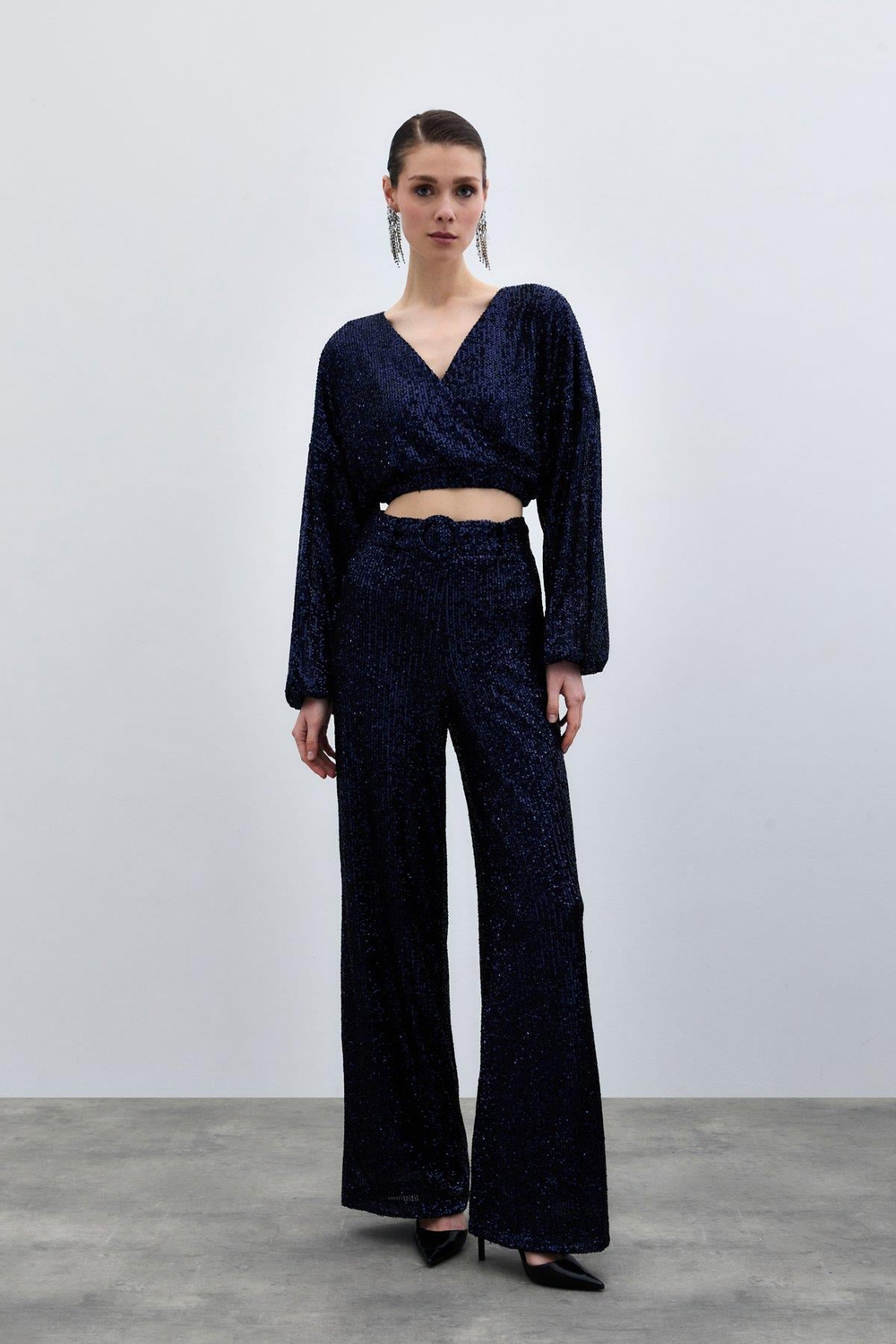 Wholesale Womens Navy Sequined Trousers with Belt