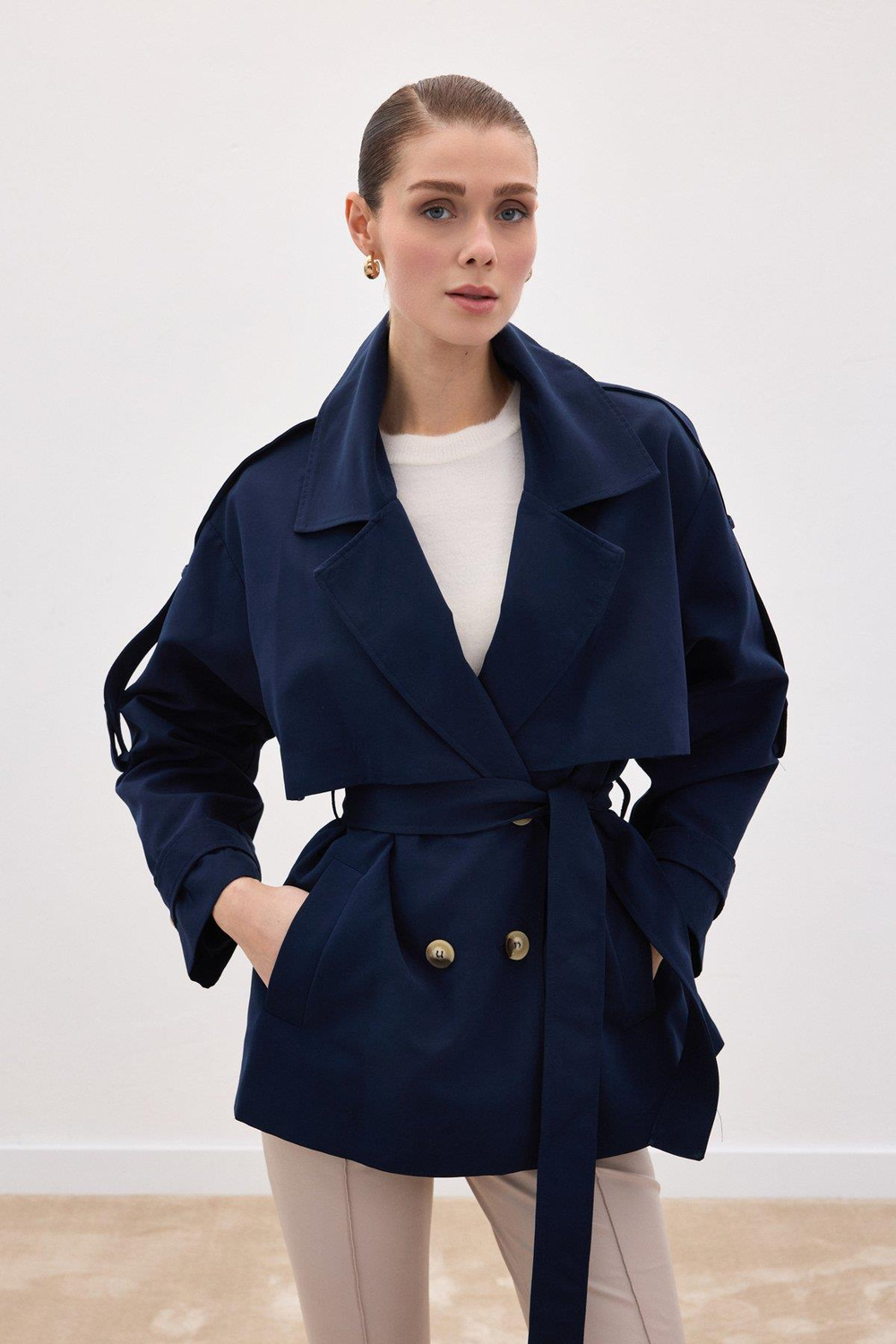 Wholesale Womens Navy Short Trench Coat