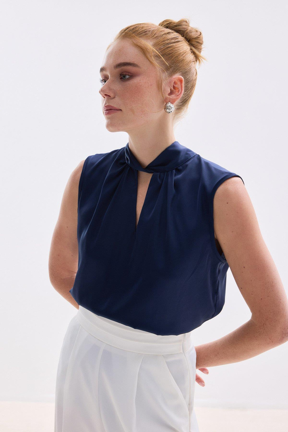 Wholesale Womens Navy Sleeveless Mock-Neck Satin Blouse