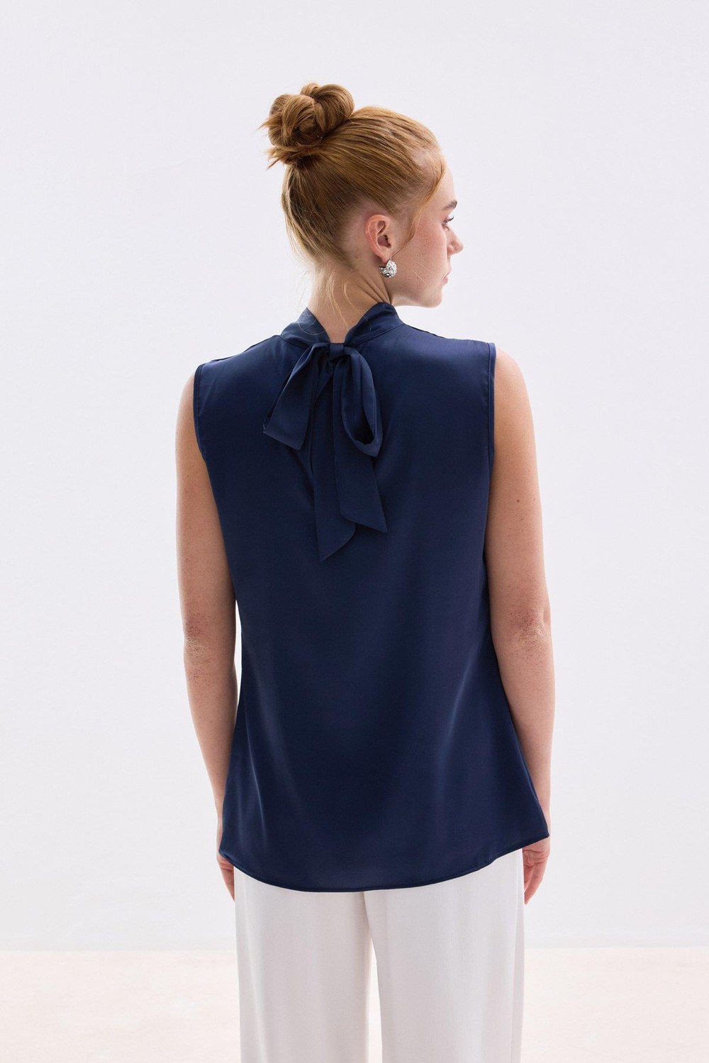 Wholesale Womens Navy Sleeveless Mock-Neck Satin Blouse