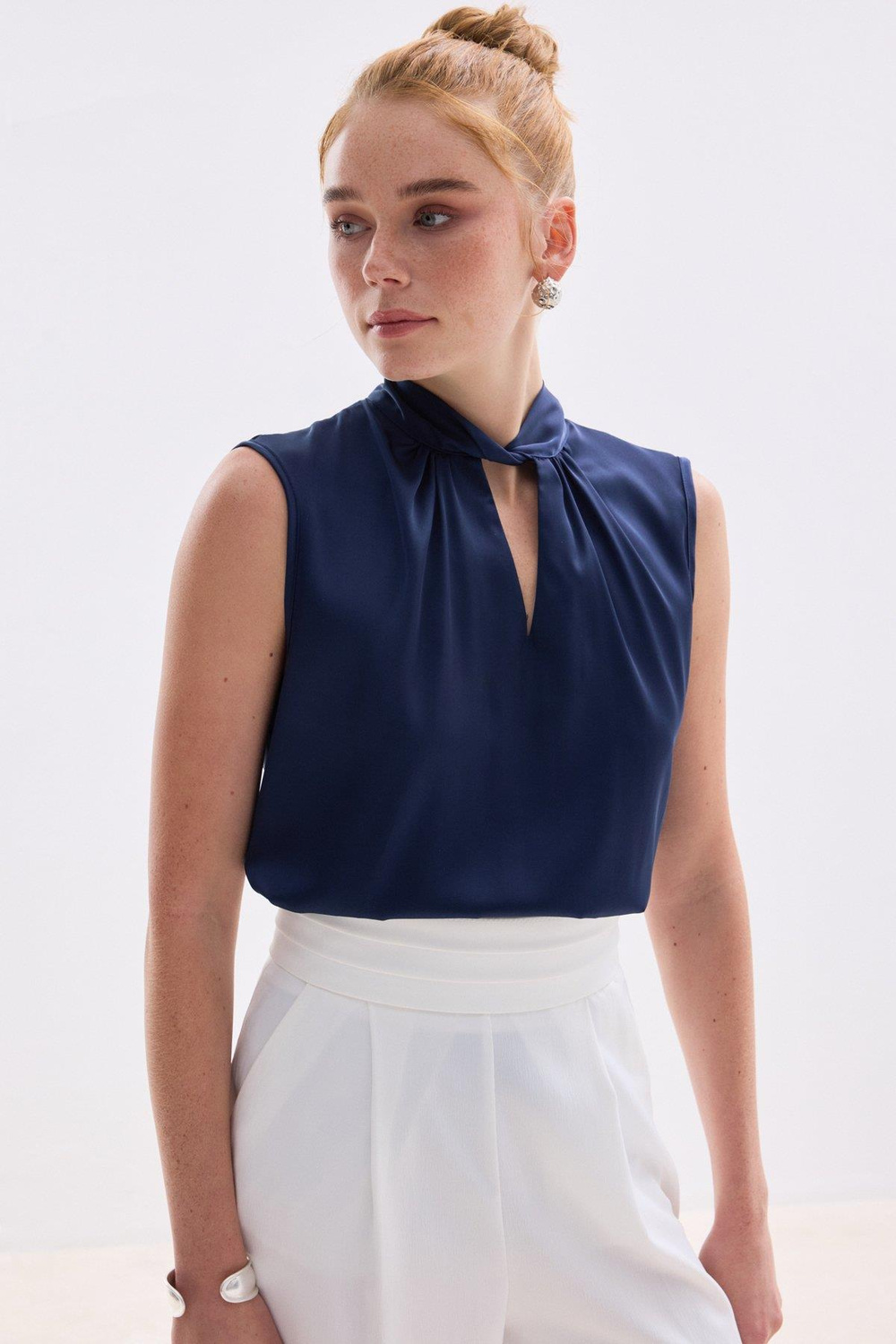 Wholesale Womens Navy Sleeveless Mock-Neck Satin Blouse
